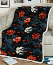 CLV Red And White Hibiscus Dark Leaf Black Background 3D Fleece Sherpa Blanket