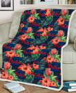 PHI Orange Hibiscus Green Tropical Leaf Dark Background 3D Fleece Sherpa Blanket