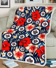 WPG Coral Red Hibiscus Blue Palm Leaf Black Background 3D Fleece Sherpa Blanket