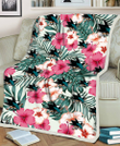 SJS Coral Pink Hibiscus Green Leaf Beige Background 3D Fleece Sherpa Blanket