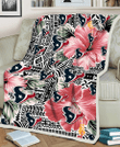 HST Pink Hibiscus Black Pattern White Background 3D Fleece Sherpa Blanket
