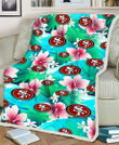 SF Pink Hibiscus Green Leaf Blue Background 3D Fleece Sherpa Blanket