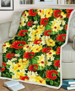 CGY Yellow Hibiscus Tropical Green Leaf Black Background 3D Fleece Sherpa Blanket