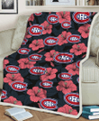 Montreal Canadiens Light Coral Hibiscus Gray Leaf Black Background 3D Fleece Sherpa Blanket
