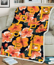 PIT Orange Hibiscus Dark Green Leaf Black Background 3D Fleece Sherpa Blanket