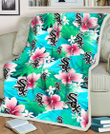 Chicago White Sox Pink Hibiscus Green Leaf Blue Background 3D Fleece Sherpa Blanket