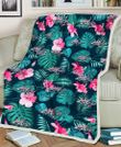 WSH Pink Hibiscus Green Leaves Dark Background 3D Fleece Sherpa Blanket