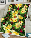 HOU Yellow Hibiscus Tropical Green Leaf Black Background 3D Fleece Sherpa Blanket