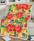 PIT Red Hibiscus Green Blue Leaf Yellow Background 3D Fleece Sherpa Blanket