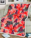 LAA Red Hibiscus Gray Leaf Beige Background 3D Fleece Sherpa Blanket
