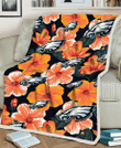 PHI Orange Hibiscus Dark Green Leaf Black Background 3D Fleece Sherpa Blanket
