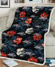 WSH Red And White Hibiscus Dark Leaf Black Background 3D Fleece Sherpa Blanket