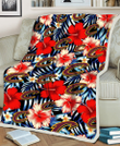 CLE Coral Red Hibiscus Blue Palm Leaf Black Background 3D Fleece Sherpa Blanket