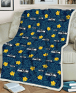 SEA Yellow Hibiscus Cadet Blue Leaf Navy Background 3D Fleece Sherpa Blanket