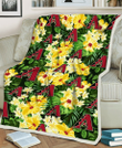 D-backs Yellow Hibiscus Tropical Green Leaf Black Background 3D Fleece Sherpa Blanket
