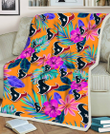 HST Purple Hibiscus Neon Leaf Orange Background 3D Fleece Sherpa Blanket
