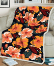 ARZ Orange Hibiscus Dark Green Leaf Black Background 3D Fleece Sherpa Blanket