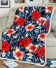 IND Coral Red Hibiscus Blue Palm Leaf Black Background 3D Fleece Sherpa Blanket