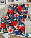GSW Coral Red Hibiscus Blue Palm Leaf Black Background 3D Fleece Sherpa Blanket