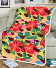 ARZ Red Hibiscus Green Blue Leaf Yellow Background 3D Fleece Sherpa Blanket