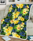 VAN Yellow Hibiscus Tropical Green Leaf Black Background 3D Fleece Sherpa Blanket