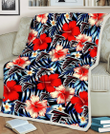ATL Coral Red Hibiscus Blue Palm Leaf Black Background 3D Fleece Sherpa Blanket