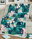 DET Pastel Hibiscus Palm Leaf Tiny Dot Green Background 3D Fleece Sherpa Blanket