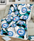 PHI 76ers White Hibiscus Turquoise Wave Black Background 3D Fleece Sherpa Blanket
