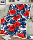 VAN White Tropical Leaf Red Hibiscus Navy Background 3D Fleece Sherpa Blanket