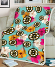 BOS Pink Yellow White Hibiscus Turquoise Background 3D Fleece Sherpa Blanket