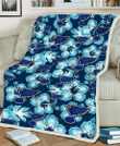 STL Dark Turquoise Hibiscus Navy Background 3D Fleece Sherpa Blanket