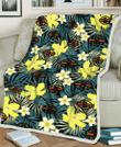 CLV Hibiscus Green Palm Leaf Black Background 3D Fleece Sherpa Blanket