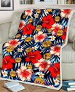 LAL Coral Red Hibiscus Blue Palm Leaf Black Background 3D Fleece Sherpa Blanket
