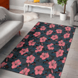 Miami Marlins Light Coral Hibiscus Gray Leaf Black Background Printed Area Rug