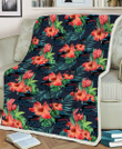 Miami Marlins Orange Hibiscus Green Tropical Leaf Dark Background 3D Fleece Sherpa Blanket