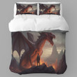 A Man Looking A Fiery Dragon Printed Bedding Set Bedroom Decor Scenery Design