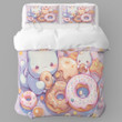 Adorable Cats With Donuts Printed Bedding Set Bedroom Decor Cartoon Design For Kids