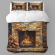 A Rustic Fireplace Printed Bedding Set Bedroom Decor Oil Painting Design