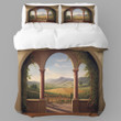 A Vineyard Scene Outside And Vines On An Arched Window Printed Bedding Set Bedroom Decor