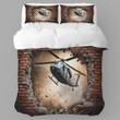 A Military Helicopter Flying Through A Brick Hole Printed Bedding Set Bedroom Decor Realistic Design