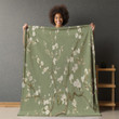 Plum Blossoms Chinoserie Green Printed Sherpa Fleece Blanket Avignon Floral Design
