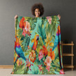 Parrots And Tropical Flowers Printed Sherpa Fleece Blanket Summer Animal Design