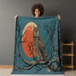 Owl And Moon Risograph Printed Sherpa Fleece Blanket Animal Design