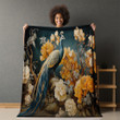 Peacock Regal Gold Chinoserie Printed Sherpa Fleece Blanket Avignon Floral Design