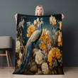 Peacock Regal Gold Chinoserie Printed Sherpa Fleece Blanket Avignon Floral Design