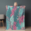 Pink Tropical Leaves And Flowers Printed Sherpa Fleece Blanket Tropical Design