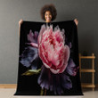 Pink Peony Printed Sherpa Fleece Blanket Dark Background Floral Design