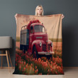 Red Vintage Truck With Flowers And Hearts In Field Printed Sherpa Fleece Blanket