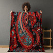 Red And Black Floral Printed Sherpa Fleece Blanket Paisley Pattern Design