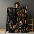 Skeleton Holding Flowers Printed Sherpa Fleece Blanket Halloween Design